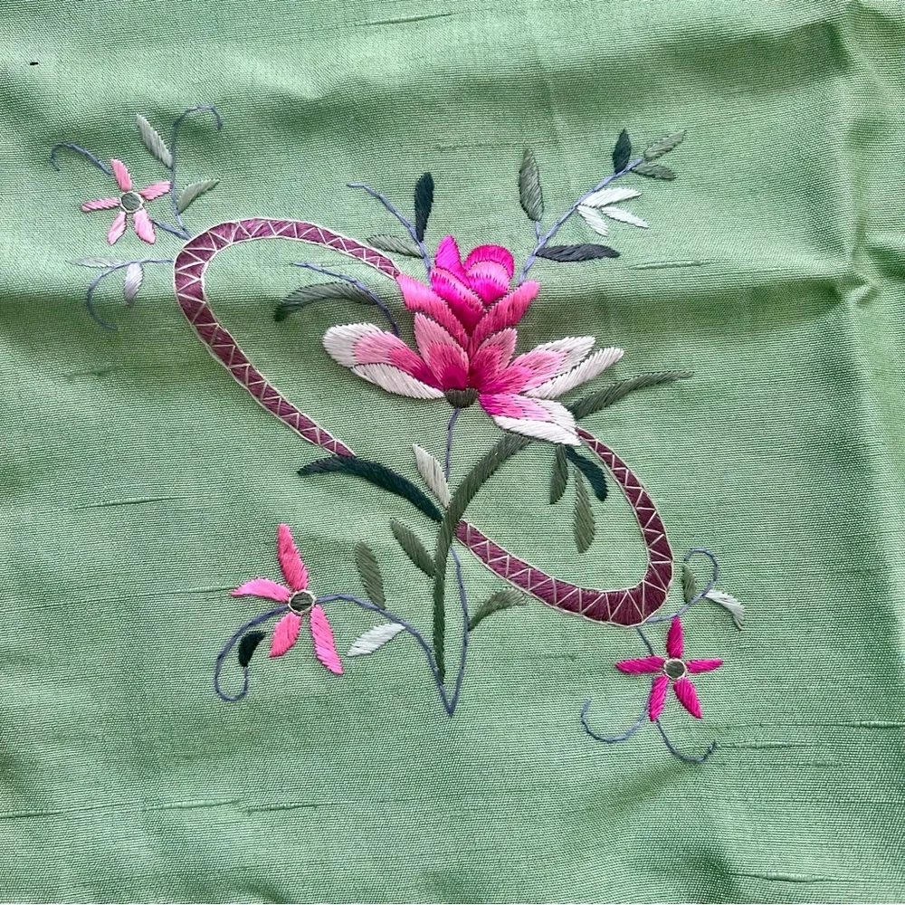 Vintage Chinese Green Silk Hand‎ Embroidered Flowers Pillow Sham Cover 15”